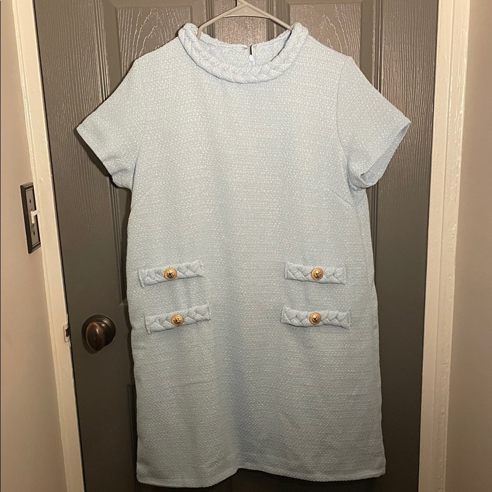 NWOT Elegant Light Blue Tweed Women's Dress - SzL (Amazon sold brand)